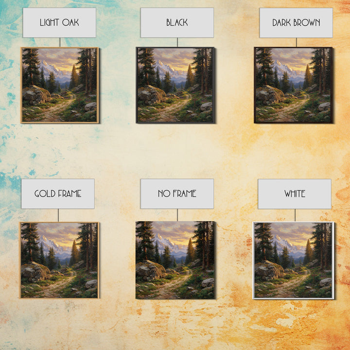 Mountain Forest Path At Sunset Wall Art, Tranquil Landscape Canvas Print For Rustic Cabin Or Living Room Home Decor