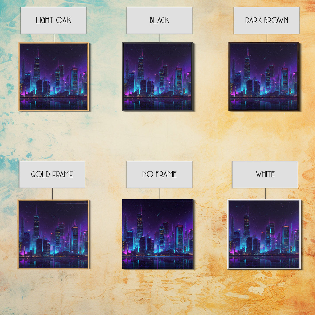 Neon Cyberpunk City Skyline Wall Art, Futuristic Nightscape Canvas Print, Sci Fi Gaming Room Decor, Vaporwave Wall Art