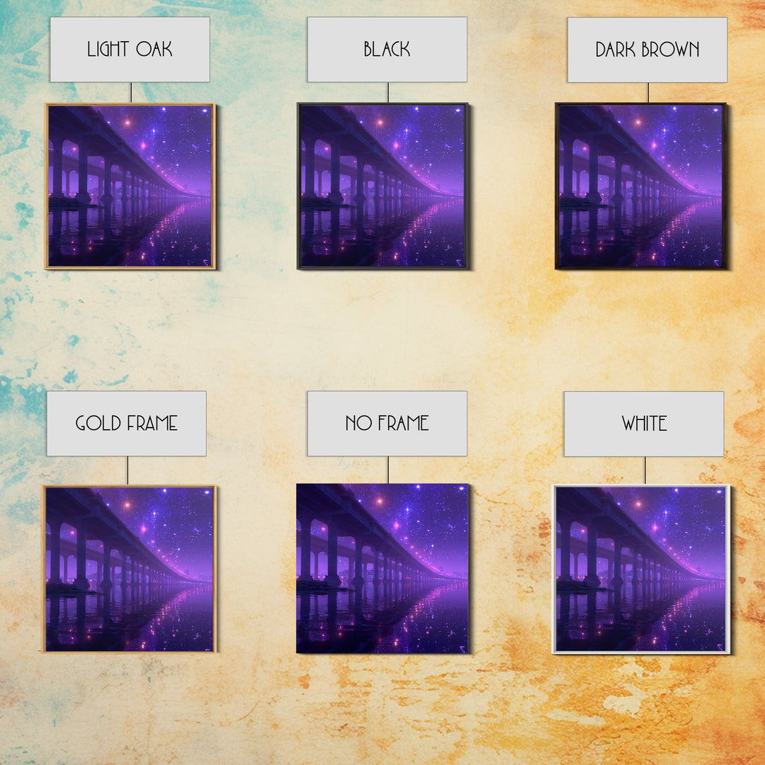 Neon Bridge At Night Over Water Wall Art, Dreamy Purple Cityscape Print, Modern Coastal Home Decor Canvas Print