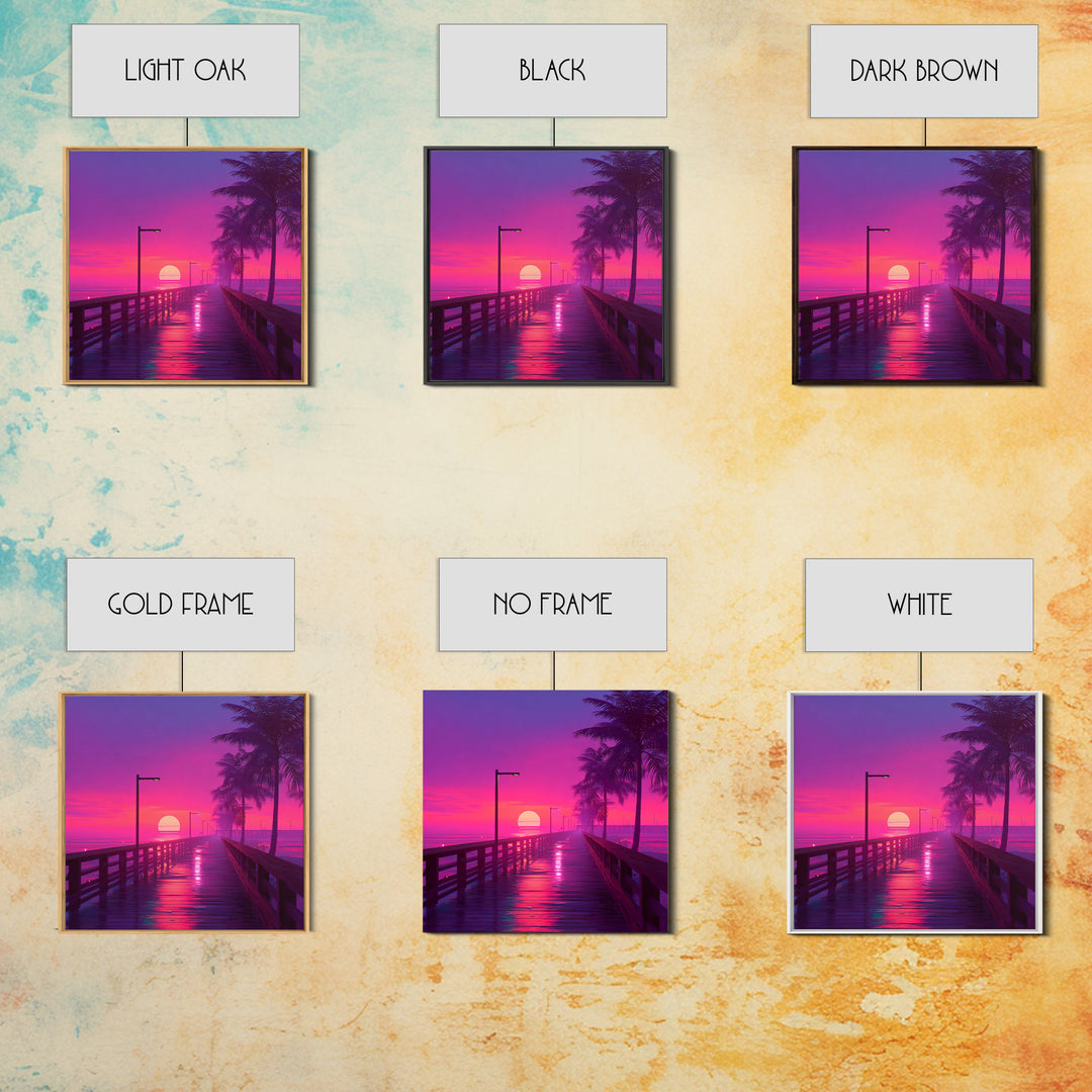 Neon Pier At Sunset With Palm Trees Wall Art, Vibrant Coastal Landscape Print, Retro Beach Home Decor Canvas Print