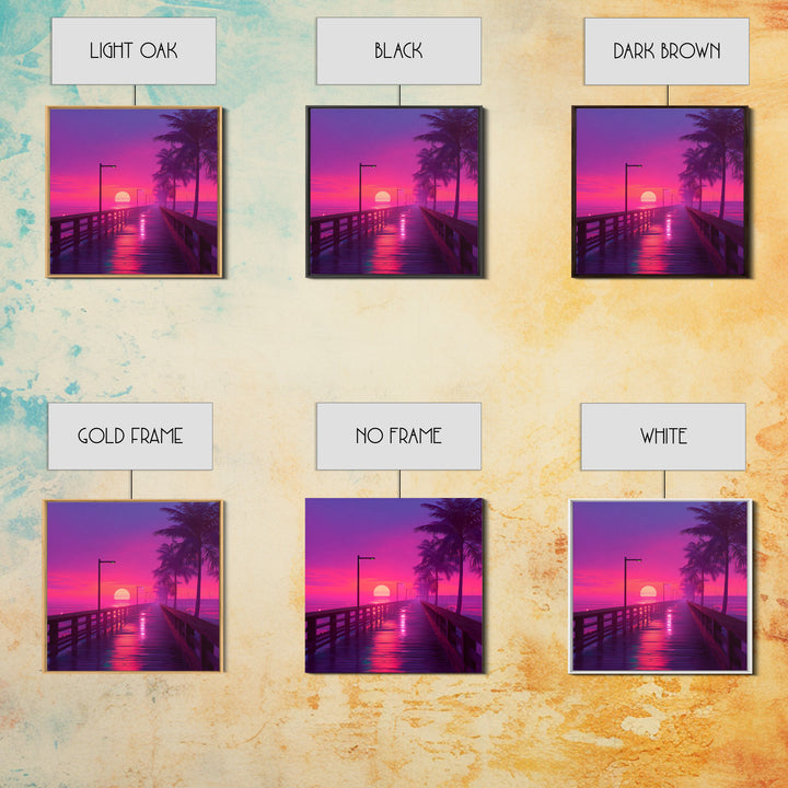 Neon Pier At Sunset With Palm Trees Wall Art, Vibrant Coastal Landscape Print, Retro Beach Home Decor Canvas Print