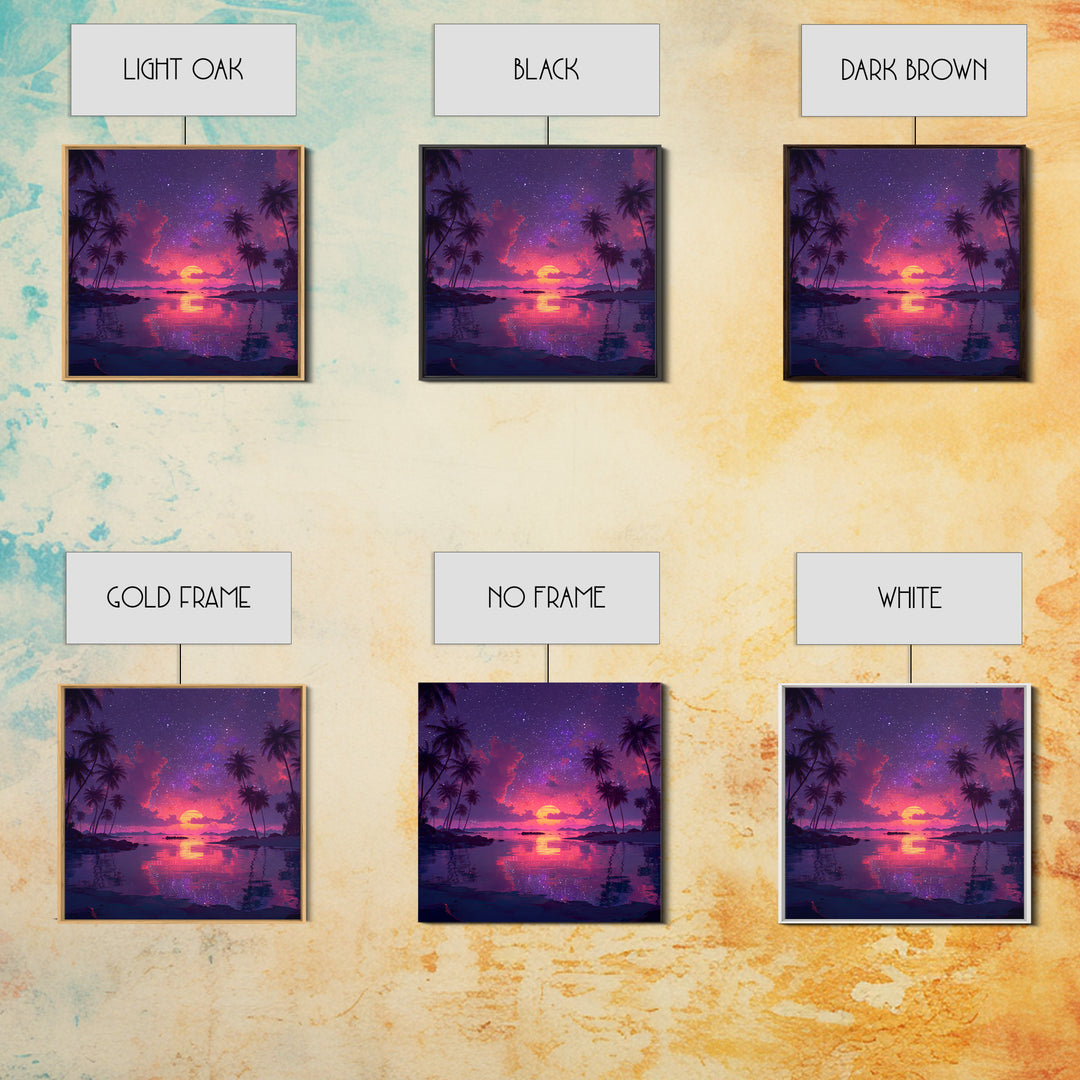 Starlit Tropical Lagoon Sunset Wall Art, Dreamy Pink Purple Coastal Landscape, Romantic Beach Canvas Print For Bedroom