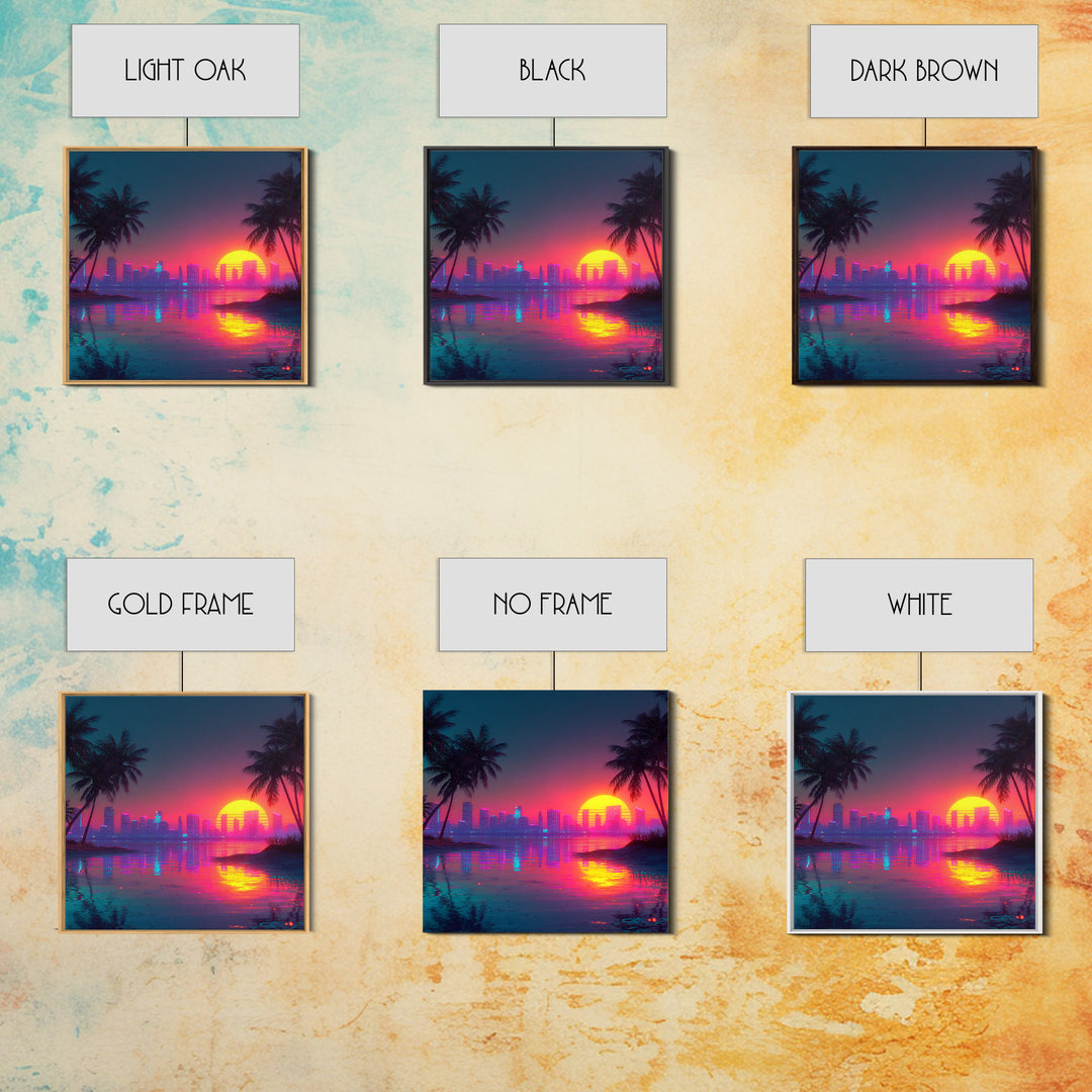 Retro Neon Beach Sunset City Skyline Wall Art Vaporwave Aesthetic Canvas Print Modern Coastal Wall Art Decor