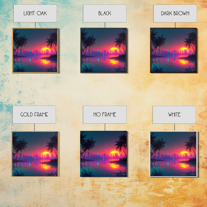 Retro Neon Beach Sunset City Skyline Wall Art Vaporwave Aesthetic Canvas Print Modern Coastal Wall Art Decor