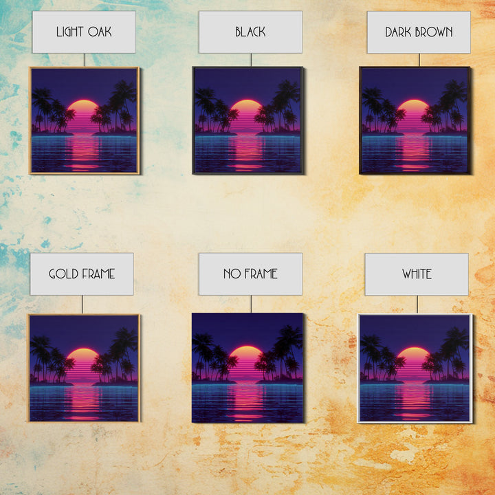 Retro Neon Island Sunset Wall Art, Synthwave Palm Tree Canvas Print, Vaporwave City Beach Decor, Futuristic Coastal Art