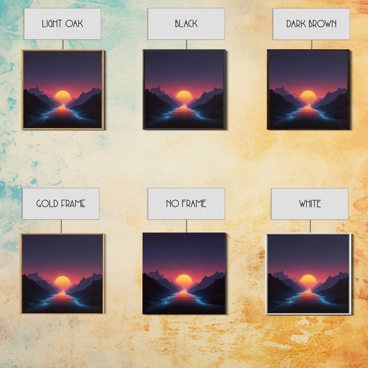 Retro Synthwave Sunset Over Neon River Wall Art, Futuristic 80s Vaporwave Landscape Canvas Print For Gaming Room