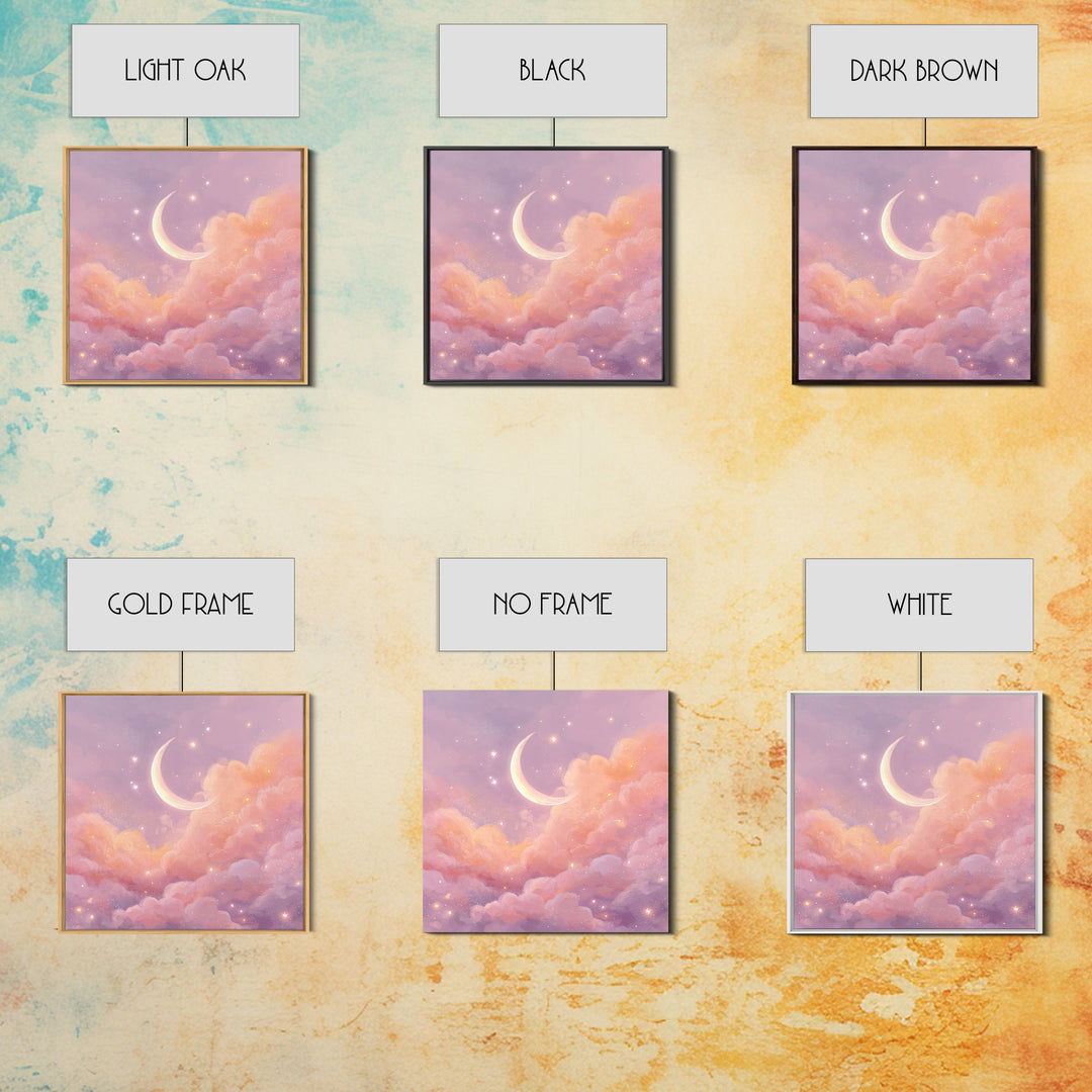 Soft Crescent Moon In Peach Clouds Canvas Print, Celestial Wall Art, Romantic Bedroom Decor, Calming Nursery Art, Cozy Wall Decor