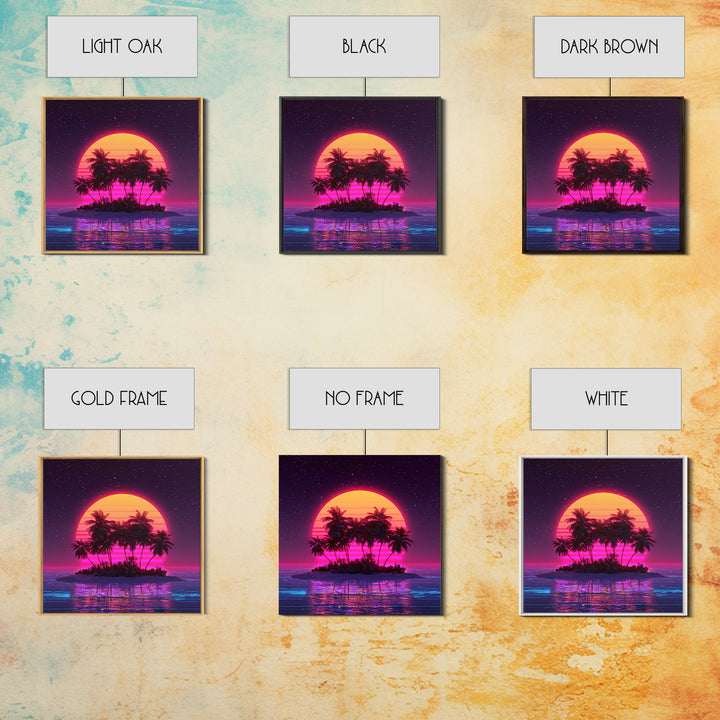 Retro Vaporwave Palm Island Wall Art, Neon Ocean Sunset Canvas Print, Aesthetic 80s Coastal Decor, Gaming Room Modern Wall Art