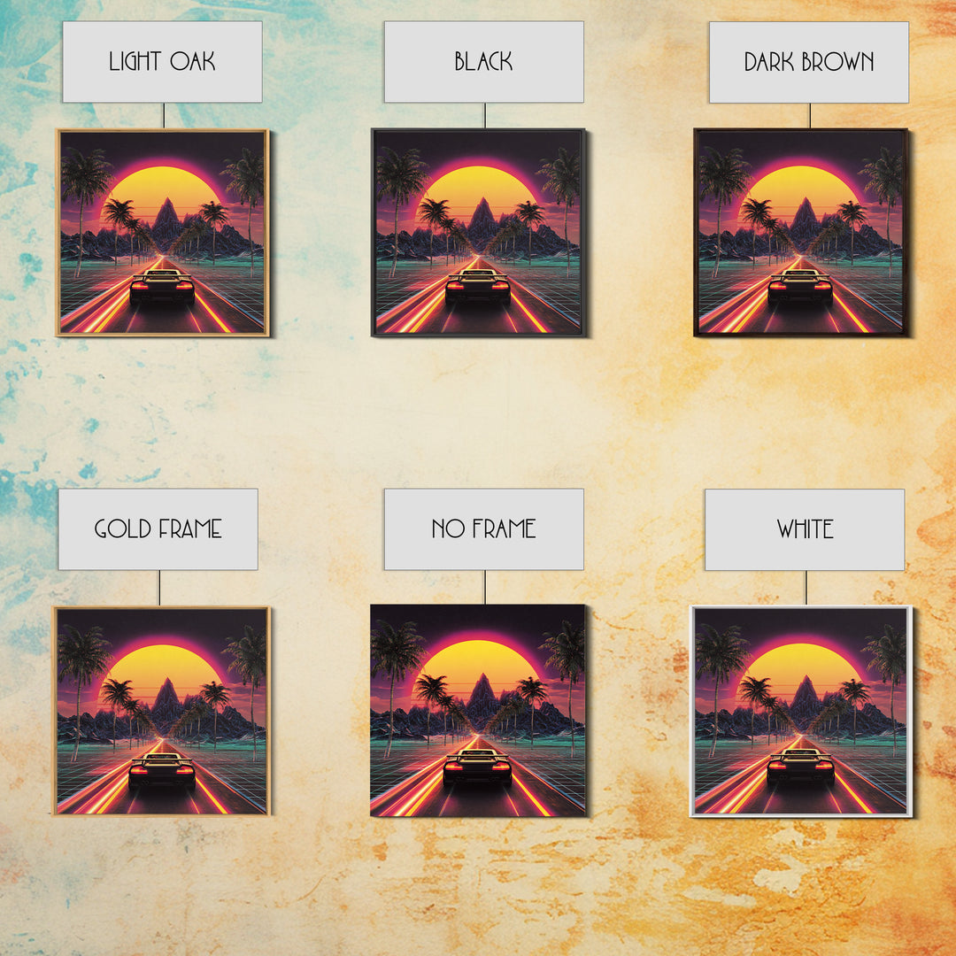 Retro Synthwave Sunset Car Wall Art Canvas Print, Neon Cityscape Art, 80s Vaporwave Decor, Gaming Room Wall Art