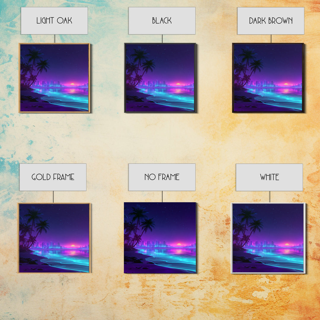 Neon City Beach Sunset Wall Art, Retro Futuristic Coastal Landscape Canvas Print, Modern Coastal Home Decor