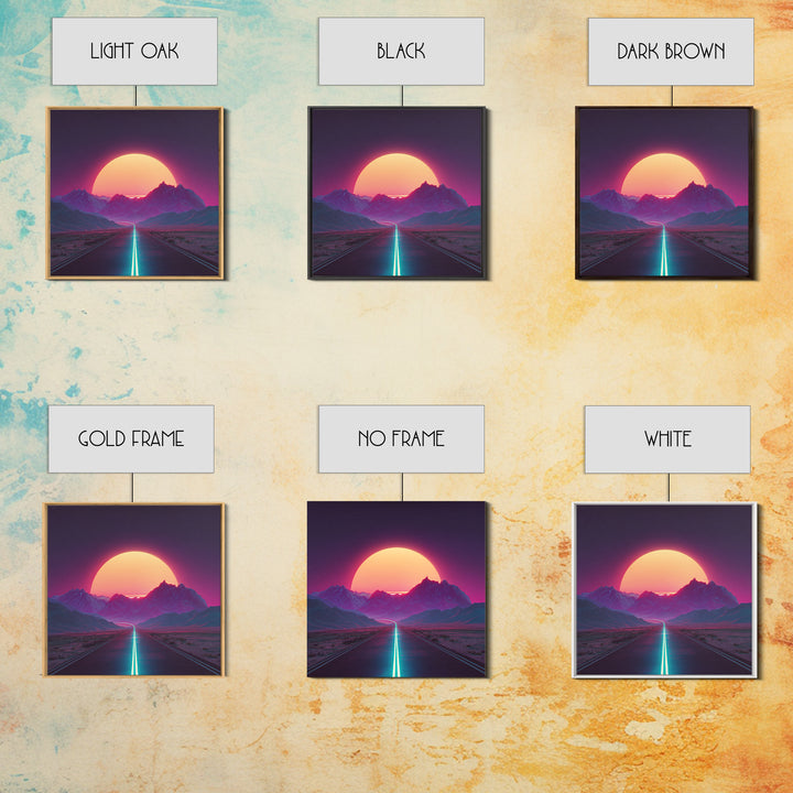 Neon Sunset Mountain Road Wall Art, Retro Futuristic Landscape Canvas Print, Cyberpunk Space Art For Gaming Room And Modern Home Decor