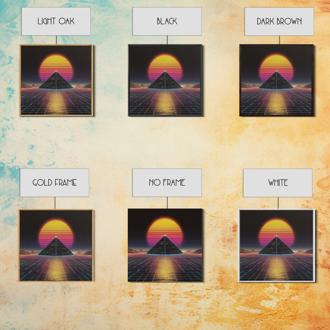 Retro Synthwave Pyramid Sunset Wall Art, Neon Grid Landscape Canvas Print, 80s Aesthetic Home Decor, Sci Fi Poster