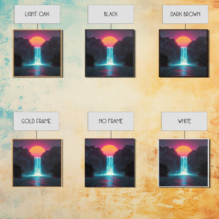 Neon Waterfall Sunset Sci Fi Landscape Wall Art Retro Futuristic Mountain Canvas Print For Gaming Room Modern Home Decor