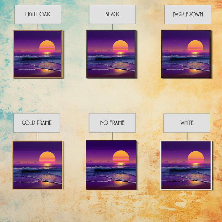 Neon Waves At Dusk Ocean Wall Art, Retro Sunset Beach Print, Vibrant Coastal Home Decor, Synthwave Seascape Living Room Wall Art