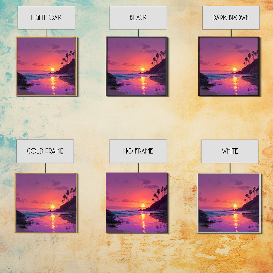 Tropical Sunset Beach Wall Art, Pink Orange Ocean Painting, Coastal Landscape Print, Modern Coastal Decor Framed Canvas Print