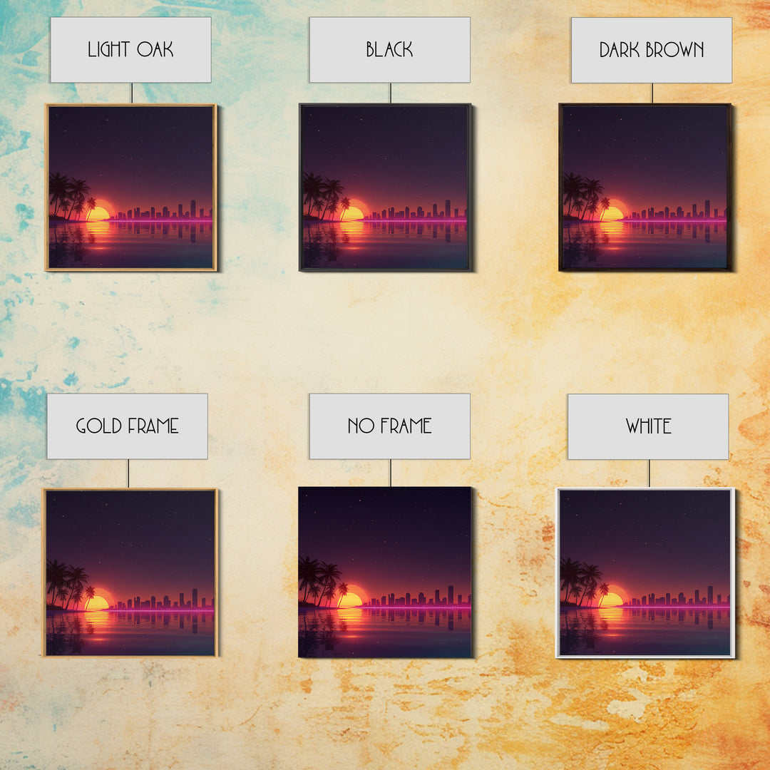 Neon City Skyline Sunset Over Water Retro Coastal Wall Art, Vibrant Nightscape Canvas Print For Modern Home Decor