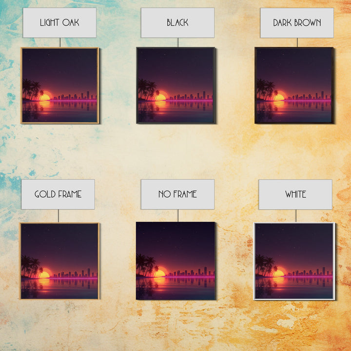 Neon City Skyline Sunset Over Water Retro Coastal Wall Art, Vibrant Nightscape Canvas Print For Modern Home Decor