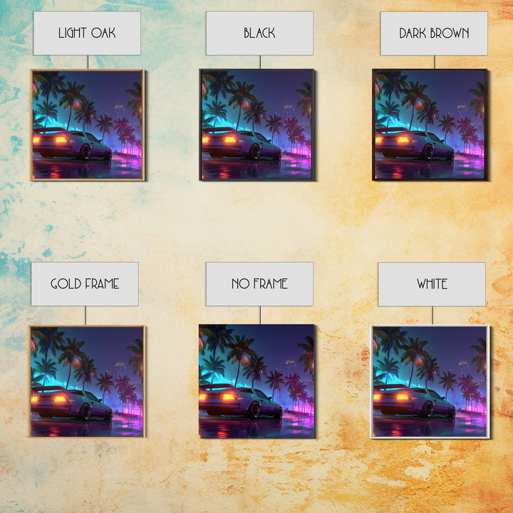 Neon Sports Car Palm Tree Night Wall Art, Retro Coastal City Canvas Print, Cyberpunk Beach Aesthetic Room Decor
