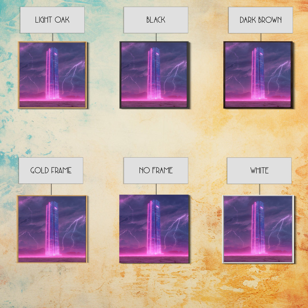 Neon Skyscraper In Storm Futuristic Wall Art, Cyberpunk Cityscape Painting, Sci Fi Modern Art Print, Gaming Room Canvas Print