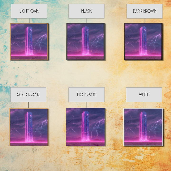 Neon Skyscraper In Storm Futuristic Wall Art, Cyberpunk Cityscape Painting, Sci Fi Modern Art Print, Gaming Room Canvas Print