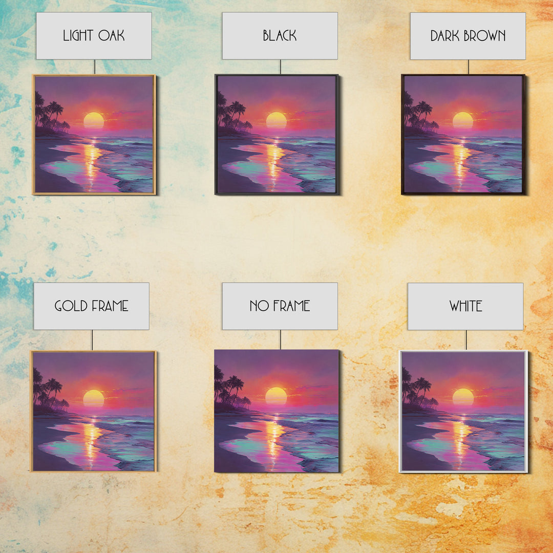 Neon Sunset Beach With Palm Trees Wall Art, Vibrant Coastal Ocean Art Print, Modern Home Decor Living Room Wall Art