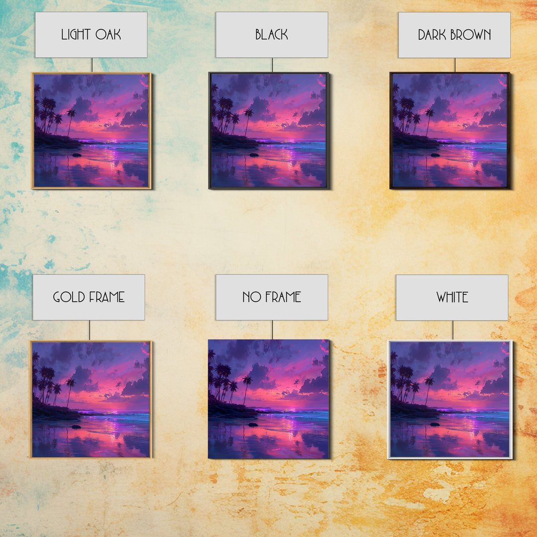 Vibrant Pink And Purple Tropical Seascape Wall Art, Palm Tree Sunset Ocean Landscape Canvas Print Decor