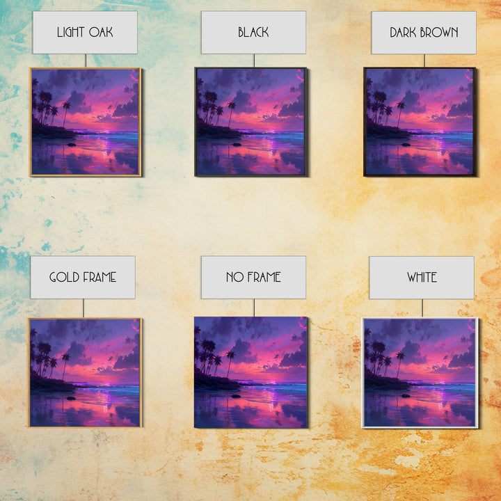 Vibrant Pink And Purple Tropical Seascape Wall Art, Palm Tree Sunset Ocean Landscape Canvas Print Decor