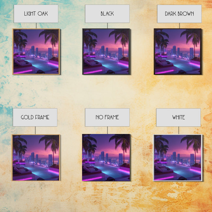 Neon City Rooftop Pool At Dusk Wall Art, Futuristic Skyline Canvas Print For Modern Apartment Decor And Gaming Room