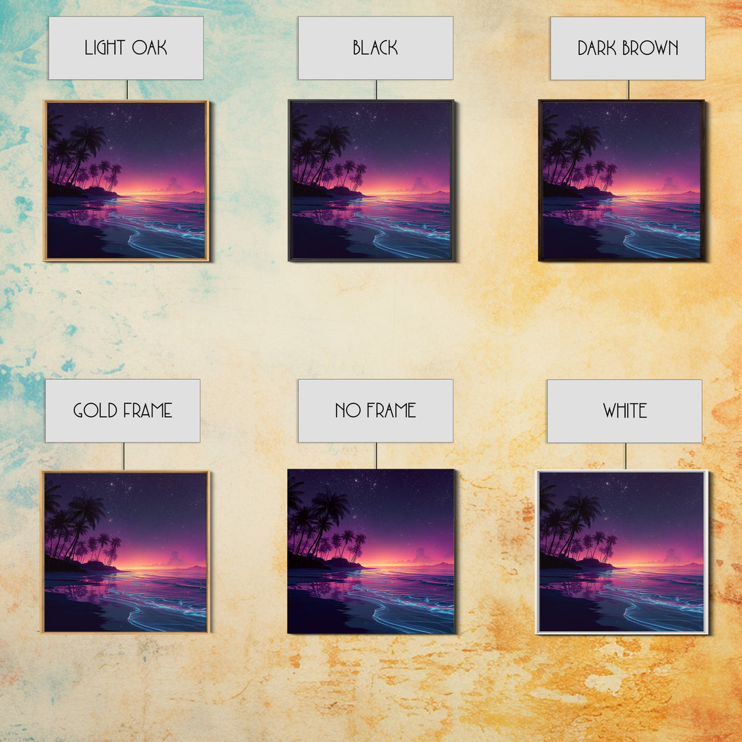 Neon Night Beach With Palm Trees Canvas Print, Dreamy Coastal Ocean Wall Art, Retro Tropical Bedroom And Living Room Decor