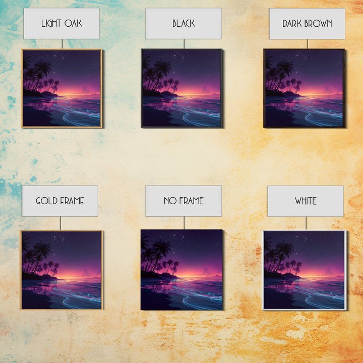 Neon Night Beach With Palm Trees Canvas Print, Dreamy Coastal Ocean Wall Art, Retro Tropical Bedroom And Living Room Decor
