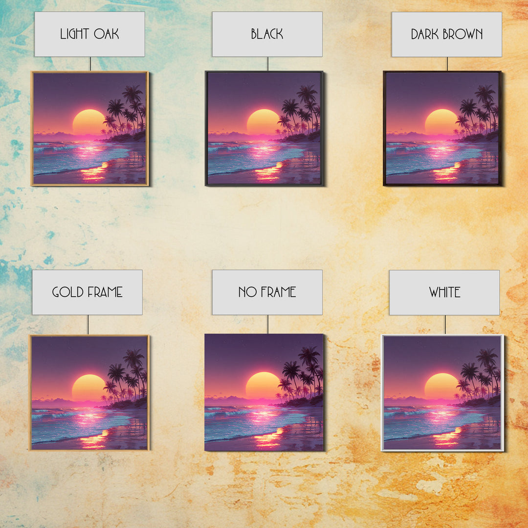 Pink Neon Beach Sunset Wall Art, Dreamy Vaporwave Ocean Canvas Print, Retro Coastal Landscape Art For Bedroom Or Living Room Decor