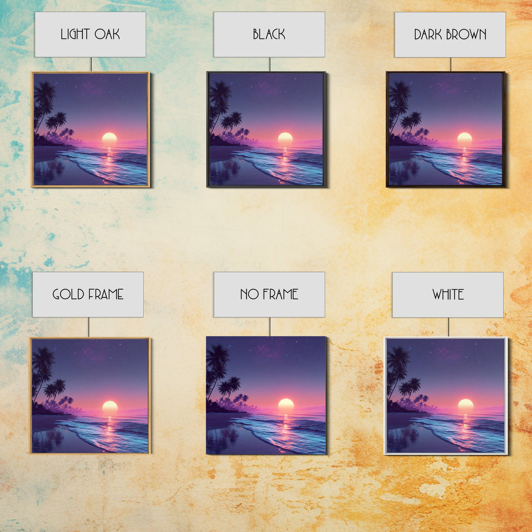 Tropical Neon Sunset Beach Wall Art, Palm Tree Coastal Landscape Print, Colorful Summer Home Decor Canvas Print