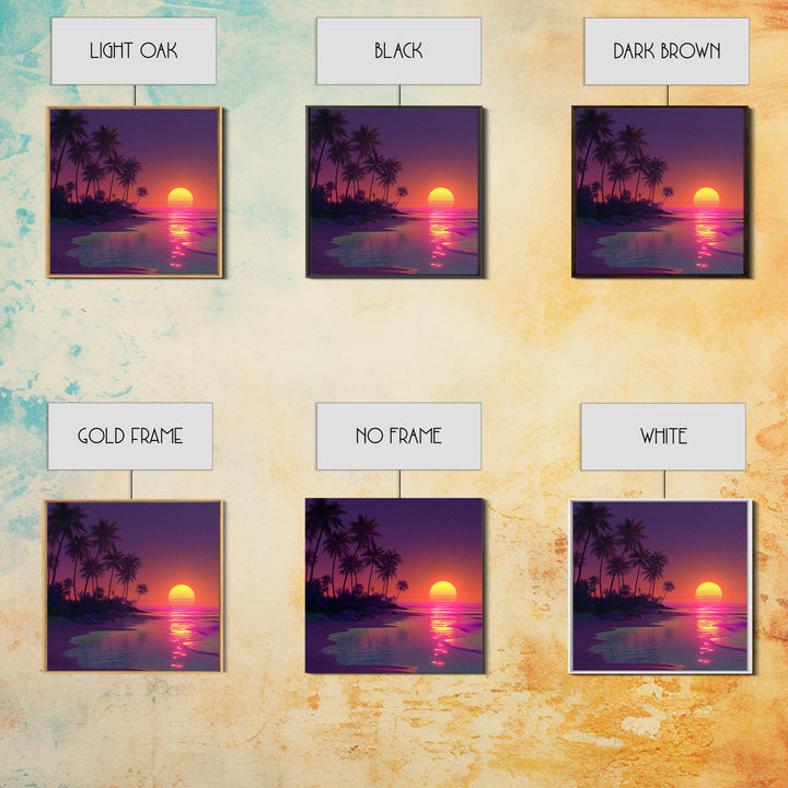Neon Tropical Sunset Beach Wall Art, Retro Coastal Canvas Print, Summer Ocean Decor, Vibrant Modern Coastal Wall Art