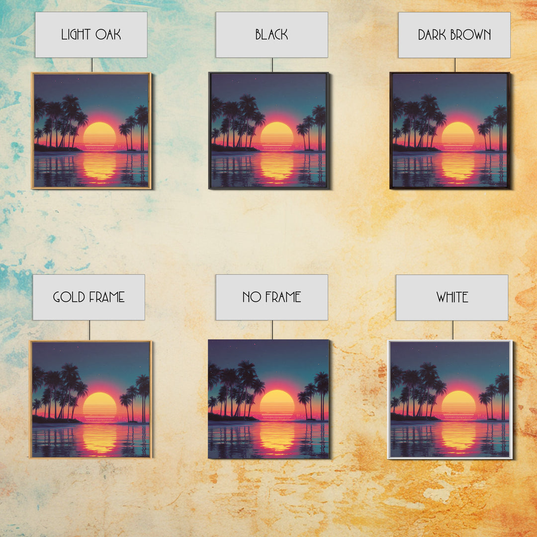 Dreamy Neon Palm Tree Sunset Beach Wall Art, Retro Coastal Landscape, Vibrant Summer Canvas Print Decor