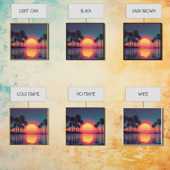 Dreamy Neon Palm Tree Sunset Beach Wall Art, Retro Coastal Landscape, Vibrant Summer Canvas Print Decor