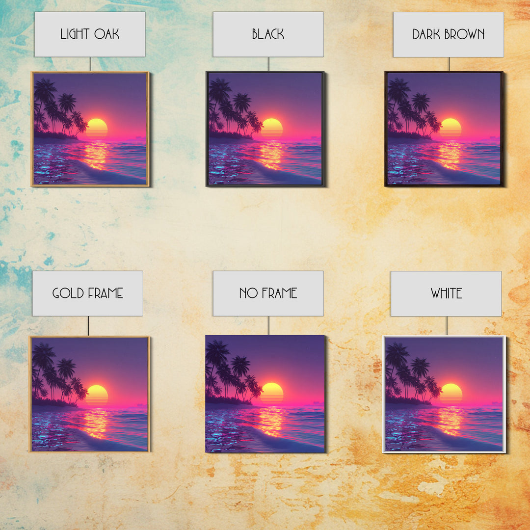 Neon Pink Beach Sunset Wall Art, Tropical Palm Tree Ocean Horizon Canvas Print, Coastal Summer Decor, Vibrant Seascape