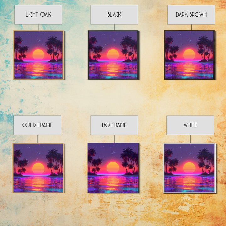 Vibrant Neon Tropical Sunset Beach Wall Art, Retro Wave Palm Landscape Canvas Print, Colorful Coastal Room Decor