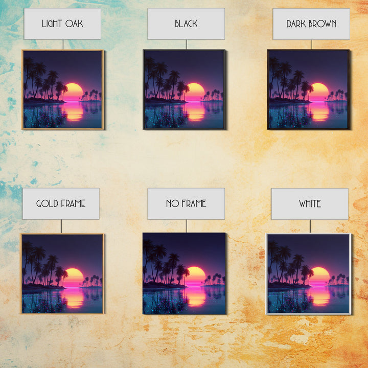 Sparkling Lagoon Neon Sunset With Palm Trees Wall Art, Retro Tropical Home Decor, Colorful Coastal Canvas Print