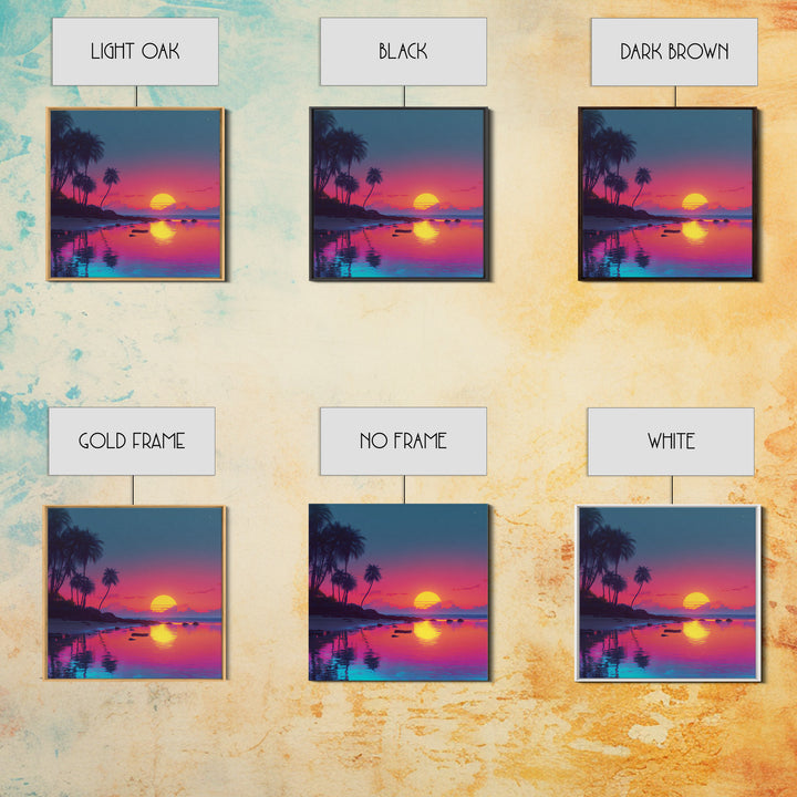 Neon Tropical Sunset Beach Wall Art, Vibrant Coastal Landscape Art Print, Modern Coastal Decor Canvas Print For Living Room