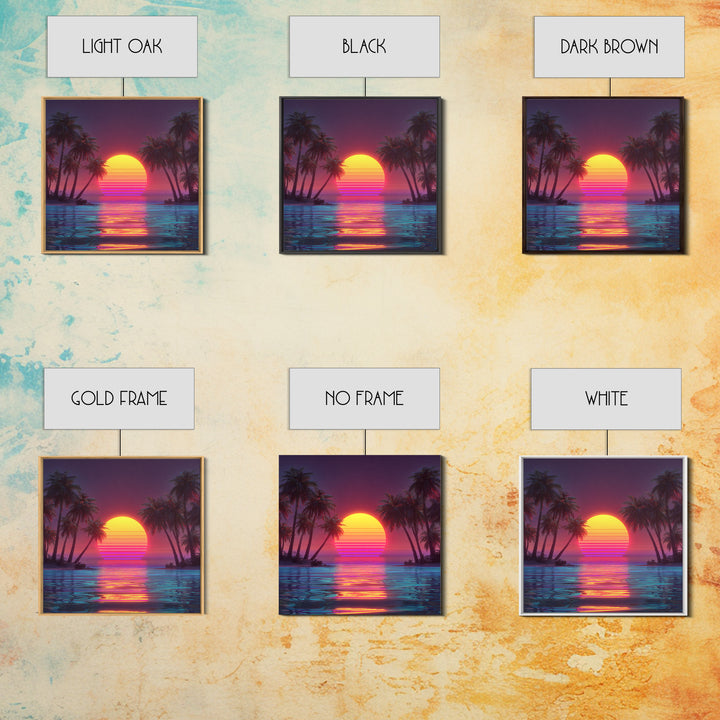 Vaporwave Tropical Sunset Beach Wall Art Canvas Print, Neon Coastal Landscape For Gaming Room And Modern Home Decor