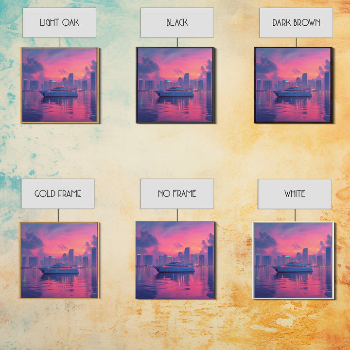 Luxury Yacht City Skyline At Sunset Wall Art, Modern Coastal Cityscape Canvas Print, Pink Sky Nautical Decor For Office Or Living Room