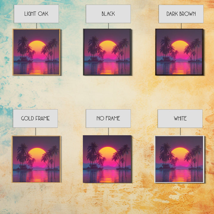 Neon Tropical Island Sunset Wall Art, Retro Synthwave Beach Landscape, Vibrant Coastal Decor, Modern Living Room Canvas Print