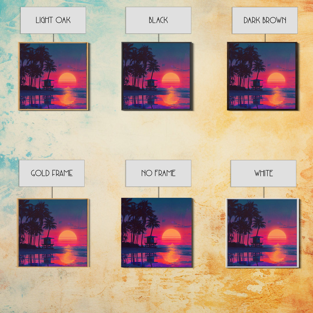 Tropical Neon Sunset Beach Canvas Print, Retro Coastal Wall Art, Palm Tree Ocean Decor Vibrant Living Room Wall Art
