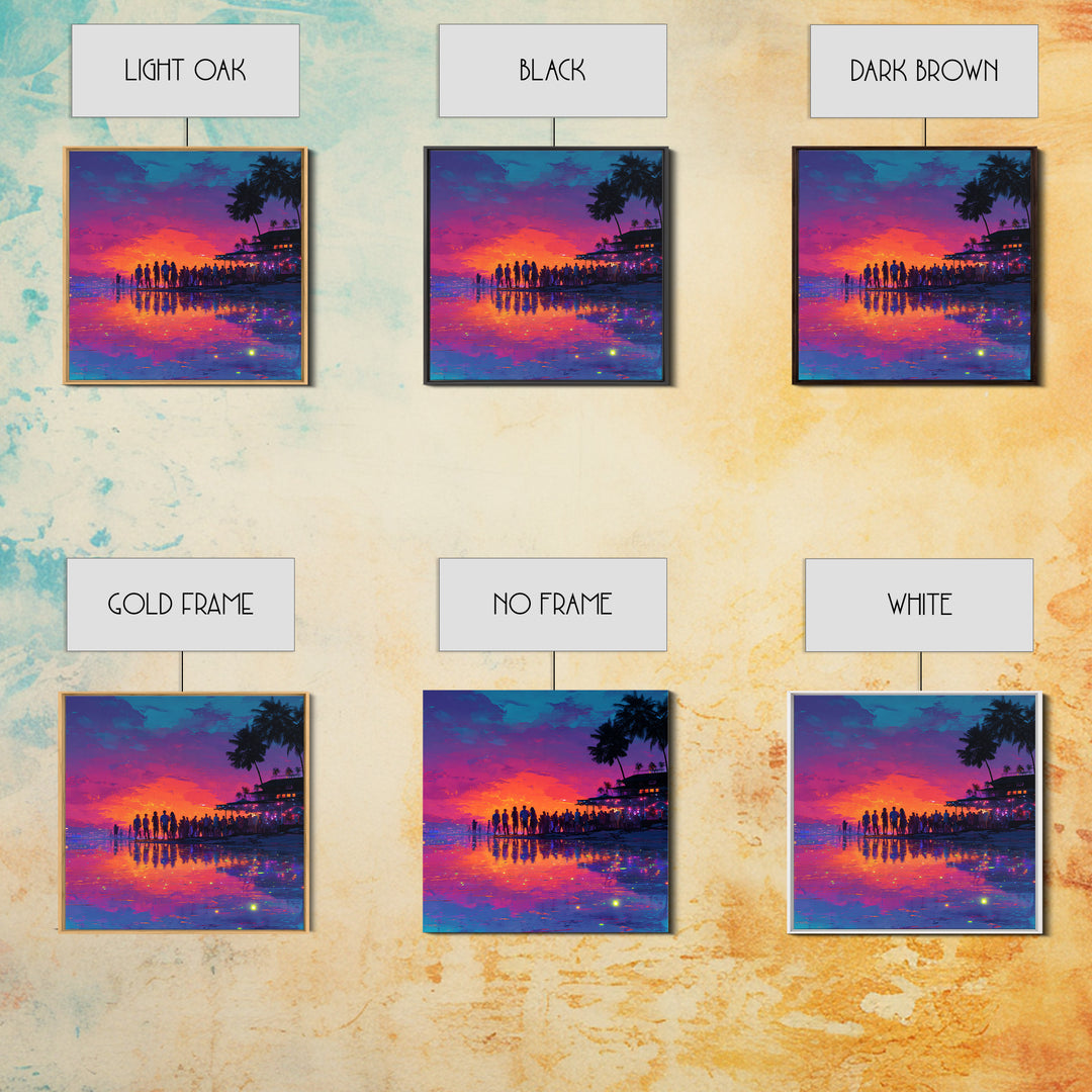 Neon Beach Sunset Party Wall Art, Colorful Coastal Canvas Print, Retro Futuristic Ocean Art, Summer Vibes Living Room Decor