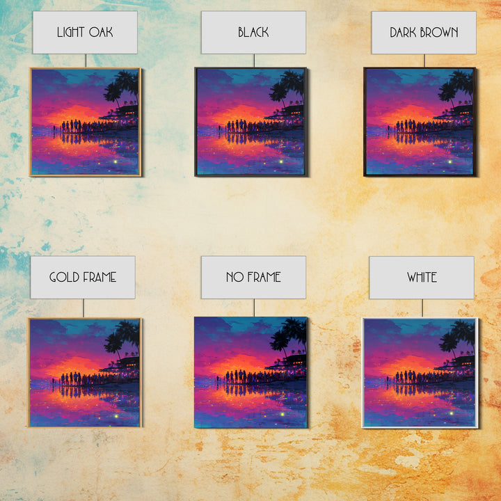 Neon Beach Sunset Party Wall Art, Colorful Coastal Canvas Print, Retro Futuristic Ocean Art, Summer Vibes Living Room Decor