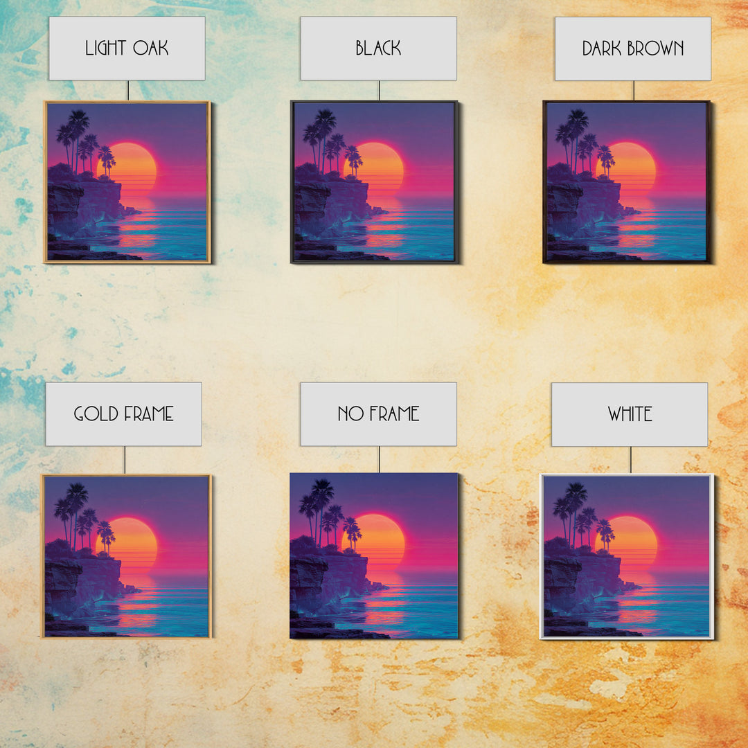 Neon Tropical Sunset Cliff Wall Art, Retro Coastal Ocean Canvas Print For Modern Coastal Decor And Vibrant Living Room