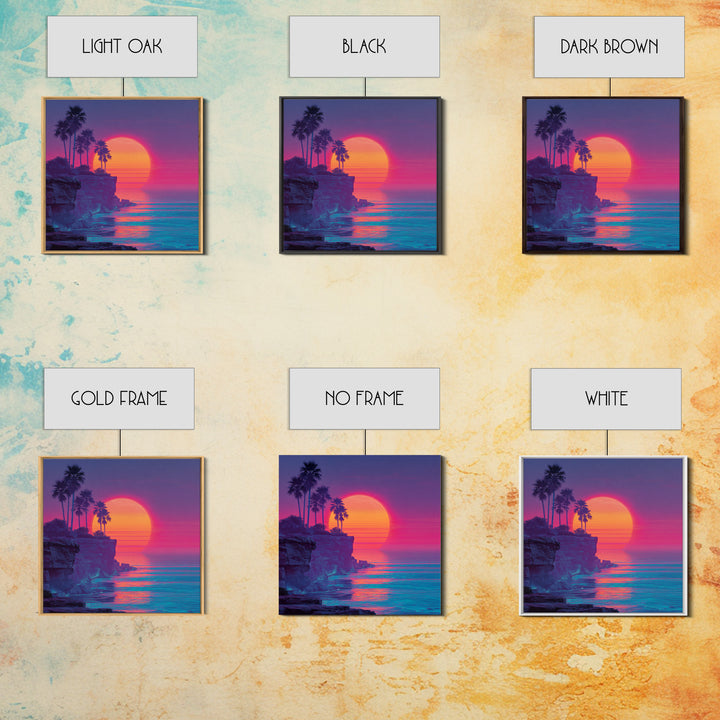 Neon Tropical Sunset Cliff Wall Art, Retro Coastal Ocean Canvas Print For Modern Coastal Decor And Vibrant Living Room