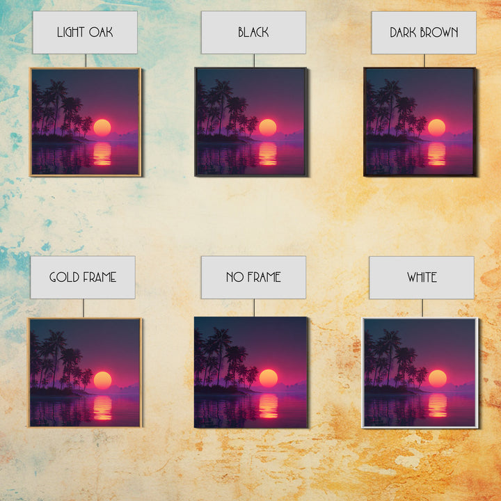 Neon Tropical Sunset Palm Tree Beach Wall Art, Vibrant Retro Coastal Landscape Canvas Print Home Decor