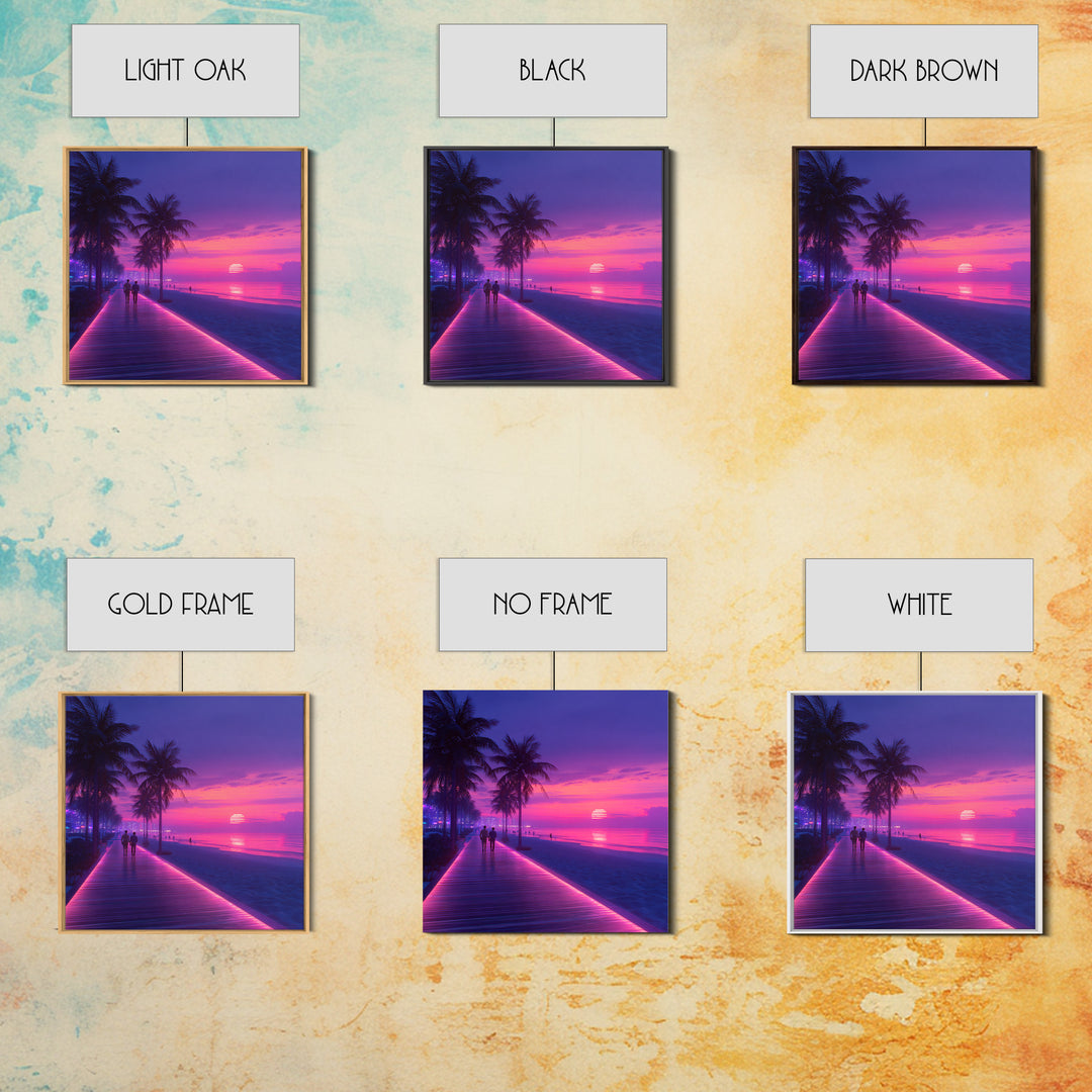 Neon Pink Boardwalk Beach Sunset Wall Art Retro Coastal Vibes Colorful Modern Home Decor Large Canvas Print Living Room Wall Art