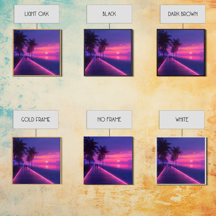 Neon Pink Boardwalk Beach Sunset Wall Art Retro Coastal Vibes Colorful Modern Home Decor Large Canvas Print Living Room Wall Art